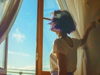 Frau niest in blühendem Garten.