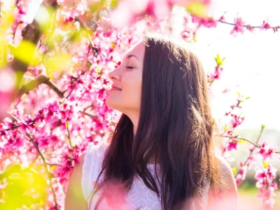 Kobieta wąchająca kwieciste drzewo bez objawów nieżytu nosa