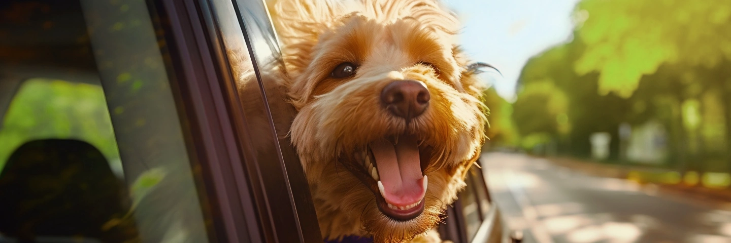 A happy, fluffy, light brown dog with its tongue out sticks its head out of a car window, enjoying a sunny day, suggesting pet fur as an allergy trigger